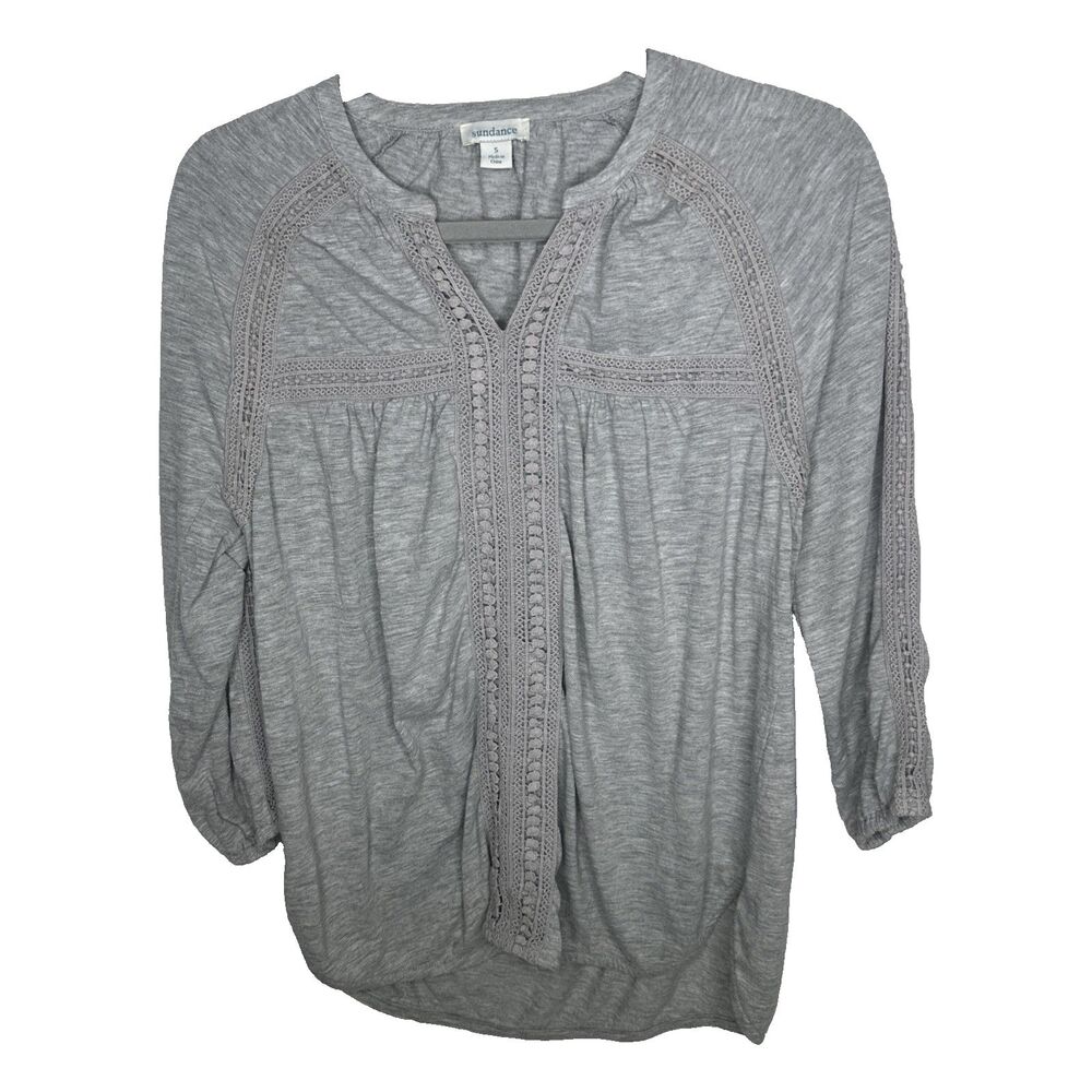 Sundance Romance Textured Peasant Blouse Small Gray Boho Lace
